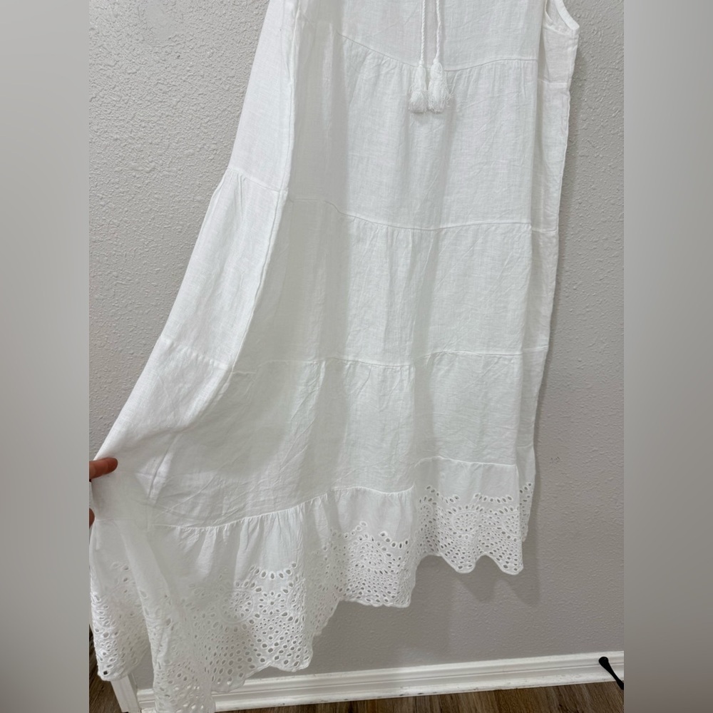 Valentina Naldi White Linen Dress L Made in Italy Boho Tiered Eyelet Midi - Picture 2 of 11